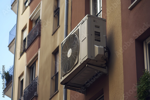 Fototapeta Naklejka Na Ścianę i Meble -  Urban Residential Building Featuring Integrated Air Conditioning Unit  