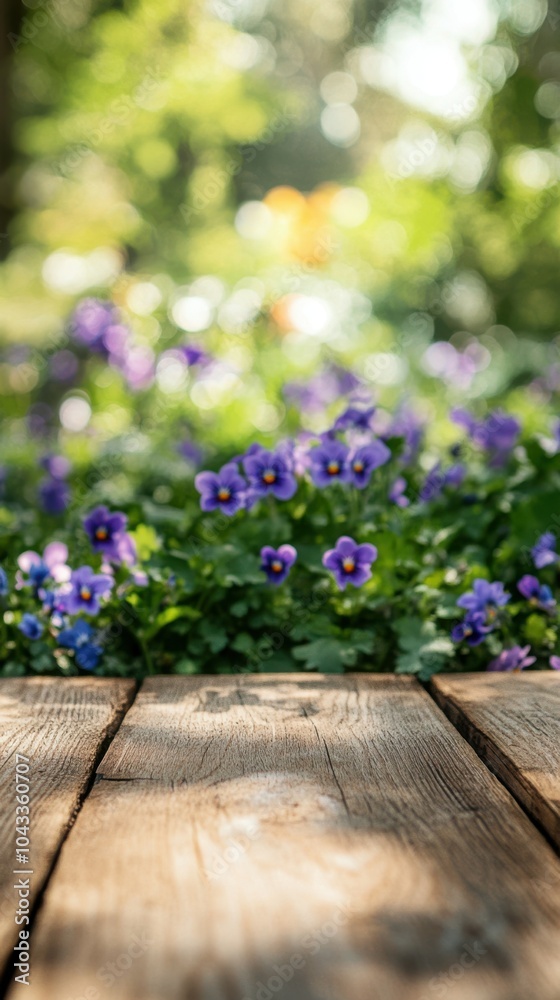 Ground level angle view, solid pine wood surface with blurred meadow of delicate violets in the background, showcasing copy space, ad promo template, product placement, flower garden decor Ground level angle view, solid pine wood surface with blurred meadow of delicate violets in the background, showcasing copy space, ad promo template, product placement, flower garden decor