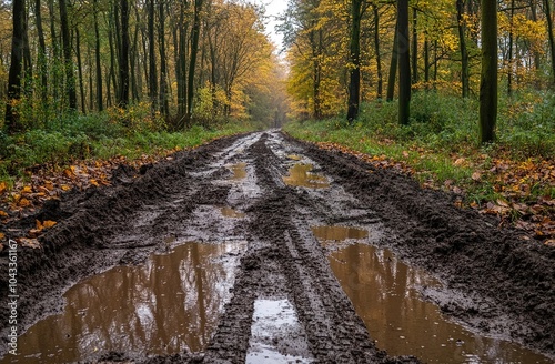 A muddy forest road with deep mud puddles and tire tracks visible
 photo