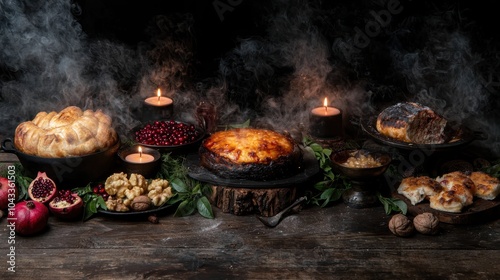 A Lavish Feast of Traditional Dishes Surrounded by Romantic Candlelight and Natural Elements