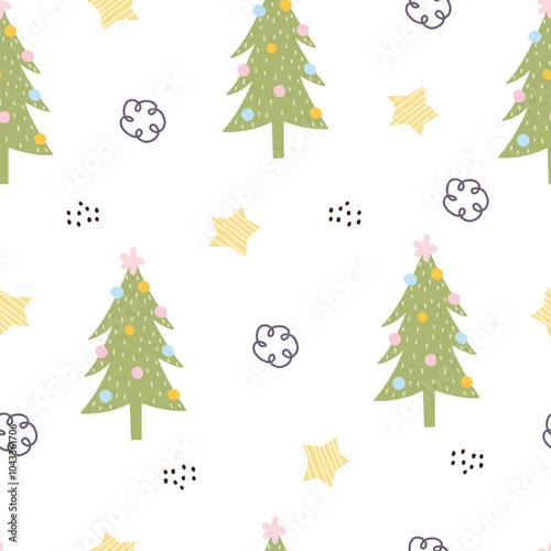 Christmas tree and stars Seamless pattern on the white background Hand -drawn designs in cartoon style Used for textiles, prints, fashion, wallpaper, vector illustration