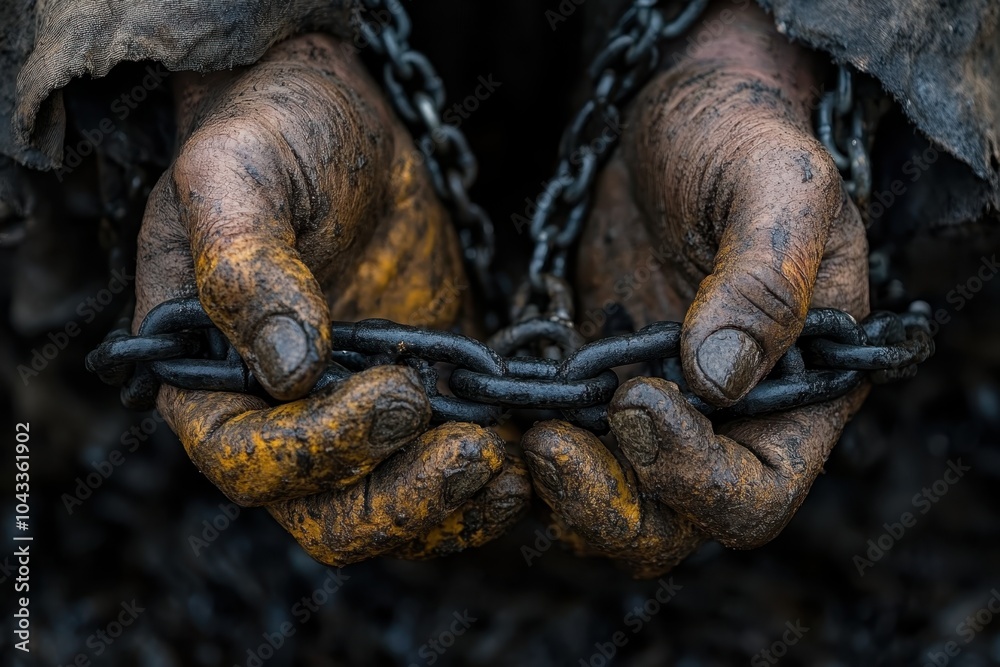 A close-up shot of a prisoner's hands, shackled together with heavy iron chains, highlighting the theme of confinement and loss of freedom. A close-up shot of a prisoner's hands, shackled together with heavy iron chains, highlighting the theme of confinement and loss of freedom.