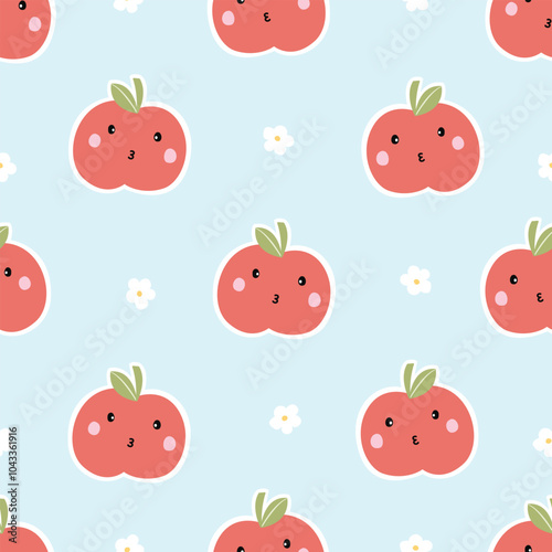 Baby seamless pattern featuring cute cartoon red apples and tiny white flowers on a pastel blue background. Perfect for baby clothes, packaging design, wrapping paper, stationery, and textiles