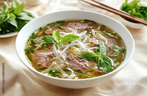 Pho in a white bowl, with thin slices of beef and fresh green herbs on top.