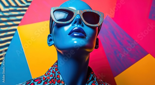 A blue-skinned mannequin wearing sunglasses and a colorful patterned outfit, set against an abstract background.