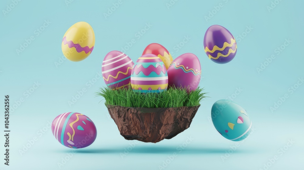 Colorful easter eggs on a small piece of land with grass floating around, holiday and celebration concept. Colorful easter eggs on a small piece of land with grass floating around, holiday and celebration concept.