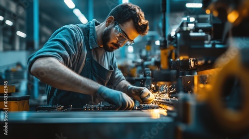 A worker in a factory focuses on metalwork, creating sparks in an industrial setting. photo