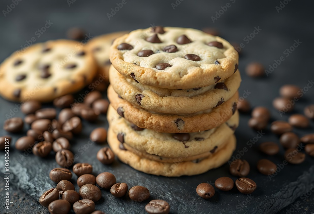 Chocolate Chip Cookies and Coffee Beans on Black Background Sweet Treat Snack Food Chocolate Chip Cookies and Coffee Beans on Black Background Sweet Treat Snack Food