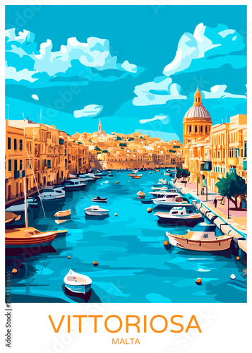 Vittoriosa Malta Poster Illustration Travel Print Decor Gift Paper Canvas Wall Retro Art #1043363155