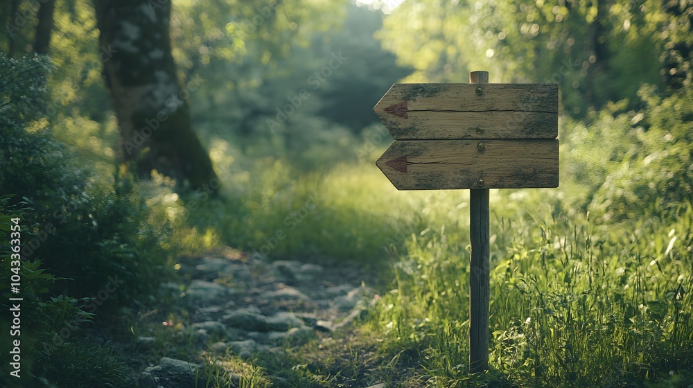 Fototapeta premium A wooden signpost stands on a serene, grassy path surrounded by lush greenery, inviting exploration in nature's tranquil setting.