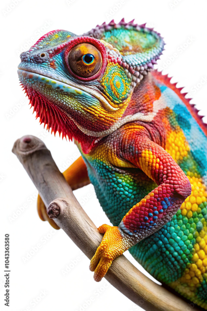 Fototapeta A colorful chameleon perched on a branch, displaying its vivid scales and curious expression against a clean white backdrop.
