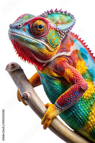 A colorful chameleon perched on a branch, displaying its vivid scales and curious expression against a clean white backdrop.
