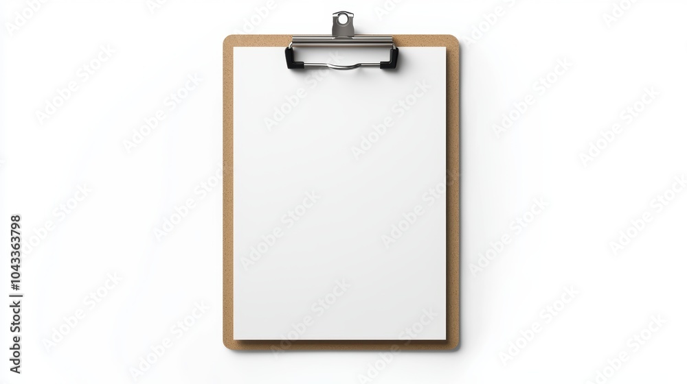 A clipboard with a clip on it is sitting on a white background A clipboard with a clip on it is sitting on a white background