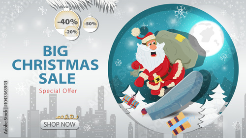 Banner special offer big Christmas sale Santa Claus snowboarding on the background of the night sky