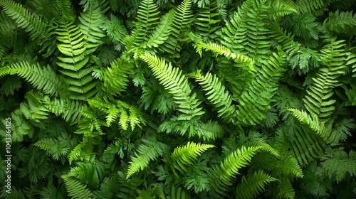 Pattern of overlapping fern fronds, tightly packed with rich, dark green hues, soft ambient light, natural forest vibe