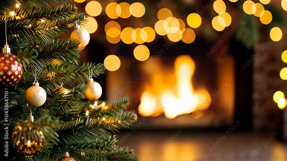 Festive Christmas tree ornaments with a glowing fireplace in the background, evoking warmth and holiday spirit Festive Christmas tree ornaments with a glowing fireplace in the background, evoking warmth and holiday spirit