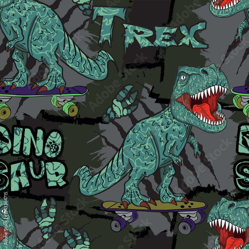 cool seamless pattern with dinosaur on a skateboard. graffiti background with t rex.For textile, kids wear, fabric and more
