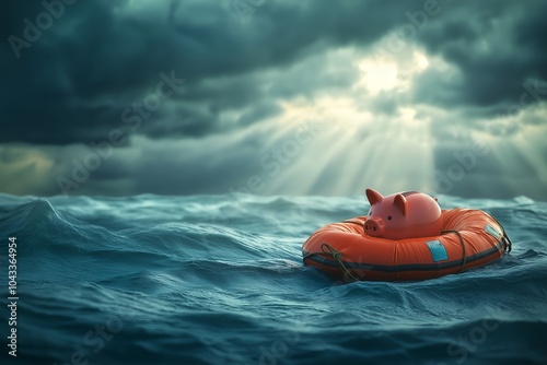 A Piggy Bank Resting on a Life Raft in a Stormy Sea, With Rays of Sunlight Breaking Through, Symbolizing Savings Through Tough Times