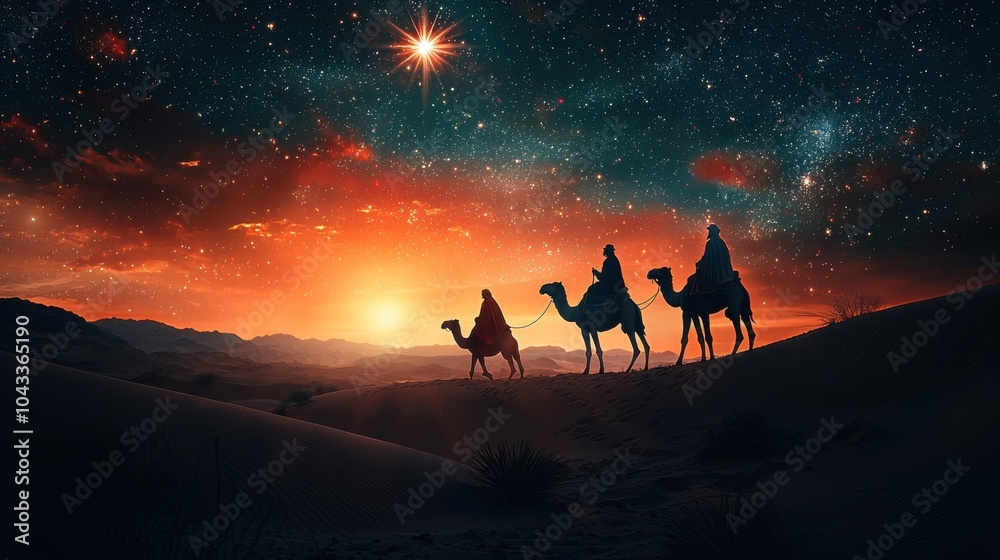 Fototapeta premium Christmas Jesus birth concept - Adoration of the Magi, Three Wise Men, Three Kings, and the Three biblical Magi with camel silhouettes journeying in sand dunes of desert follow Bethlehem star at night