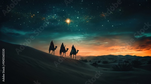 Christmas Jesus birth concept - Adoration of the Magi, Three Wise Men, Three Kings, and the Three biblical Magi with camel silhouettes journeying in sand dunes of desert follow Bethlehem star at night