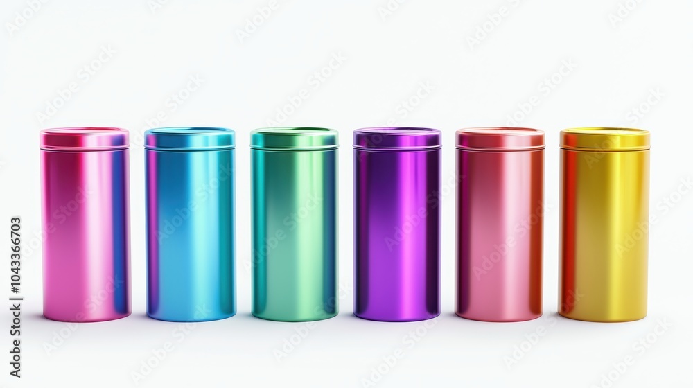 A row of colorful cans lined up on a white background A row of colorful cans lined up on a white background