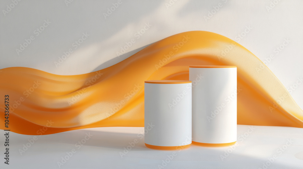 A white and orange cylinder stand with a wavy background. Perfect for displaying products during a Halloween celebration. A white and orange cylinder stand with a wavy background. Perfect for displaying products during a Halloween celebration.