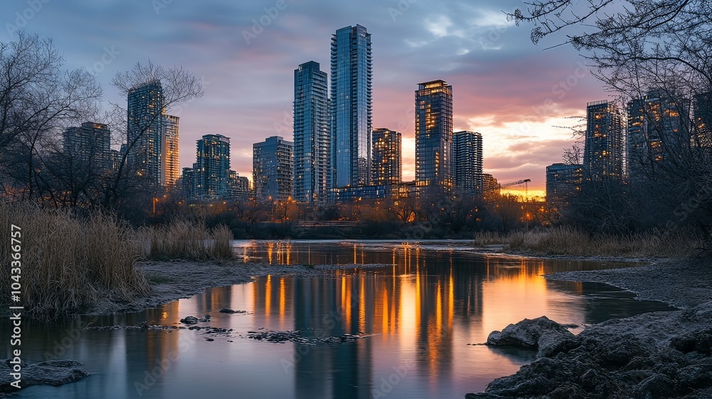 Obraz premium An artistic shot of a modern city skyline during twilight, highlighting the contrast between nature and urban architecture.