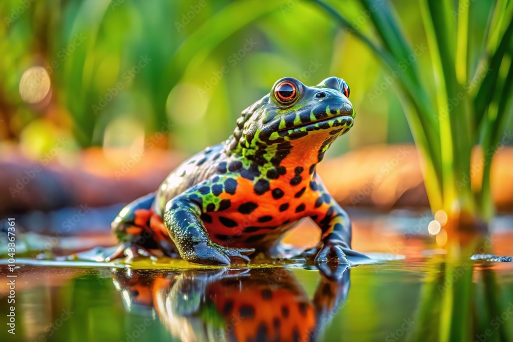 Fototapeta premium Firebellied toad basks in marsh sunlight, background blurred.