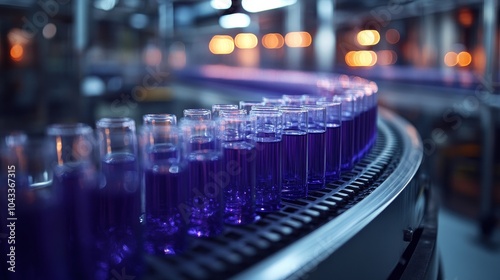 Blue liquid is poured into small glass vials using the robotic arm.