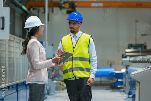 Worker consulting with a woman manager in the factory, analyzing graphs and data on a tablet to improve production processes.