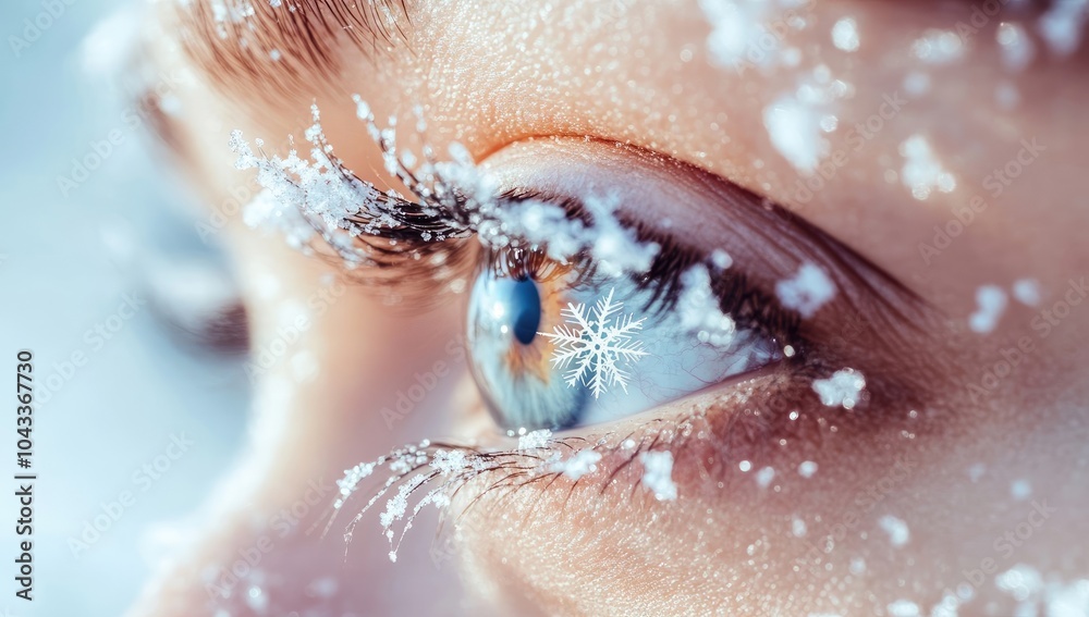 Fototapeta premium Close-up of Eye with Snowflakes on Eyelashes, Symbolizing Winter and Cold Weather