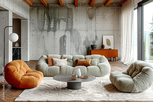 Minimalist, loft home interior design of modern trendy living room in an industrial style with concrete walls and modern light green and orange chairs. A central coffee table holds accessories. photo