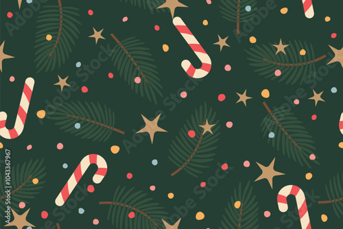 christmas, New Year's Eve seamless pattern with christmas candy canes, fir tree branches, stars and dots; great for wrapping, greeting cards, social media graphics- vector illustration