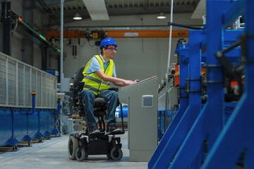 Man with disability in yellow vest, engineer in a factory unit checking a work process. inclusion and diversity concepts.