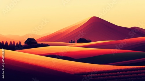 Minimalistic Geometric Farming Landscape in Sunset Colors