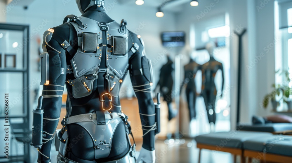 Innovative exoskeleton for rehabilitation, with a streamlined design, displayed on a mannequin in a modern, well-lit physical therapy room Innovative exoskeleton for rehabilitation, with a streamlined design, displayed on a mannequin in a modern, well-lit physical therapy room