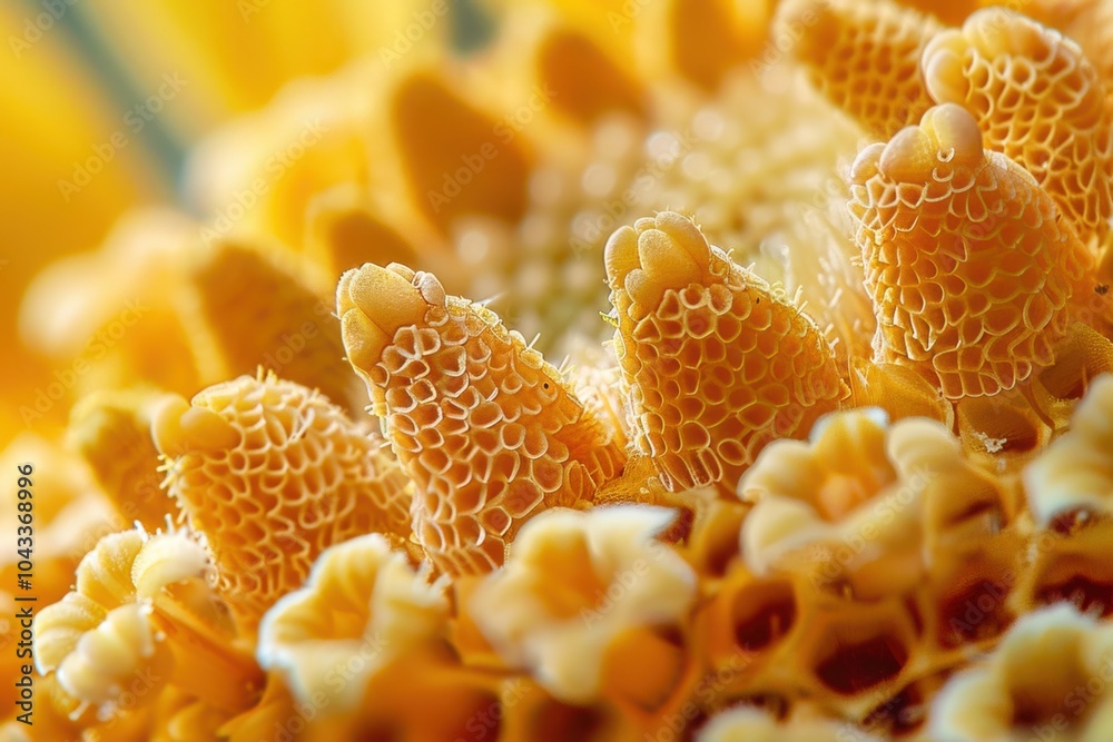 Insect-Carried Pollen: A close-up of pollen grains with sticky surfaces, designed to adhere to insects for pollination. Insect-Carried Pollen: A close-up of pollen grains with sticky surfaces, designed to adhere to insects for pollination.