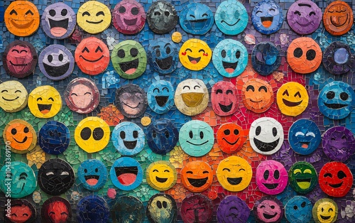 Vibrant mosaic of colorful emojis, displaying diverse emotions and expressions, symbolizing joy, unity, and creativity, lively and engaging design