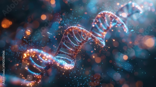 Interactive 3D model of a DNA strand with health data points highlighted, holographic floating in air,, modern genetics lab 