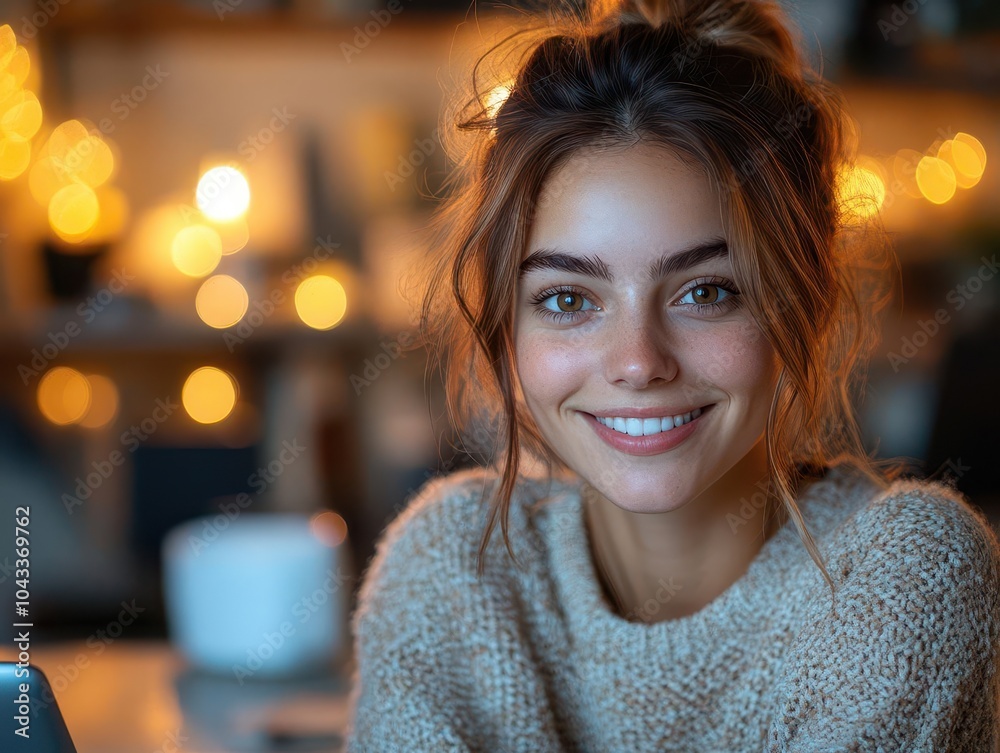 Obraz premium happy young woman engaging in a virtual video meeting from her cozy home workspace, exuding positivity and confidence, illustrating the modern culture of remote work and digital nomad lifestyle
