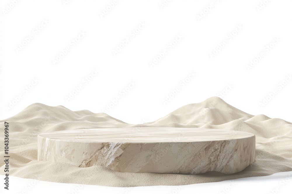 A large stone slab sits on a sandy beach