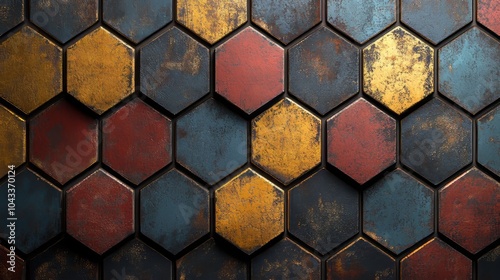 Pattern of hexagonal tiles with textured surfaces and deep colors, exhibiting vintage style