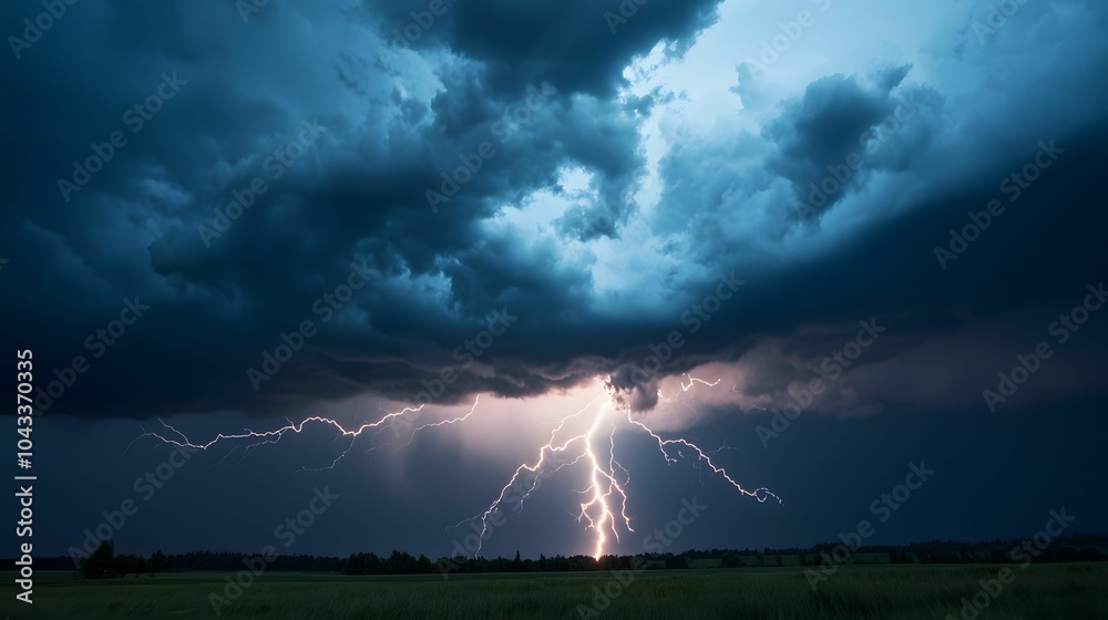 A dramatic storm scene with dark clouds illuminated by bright lightning strikes over an open landscape. A dramatic storm scene with dark clouds illuminated by bright lightning strikes over an open landscape.