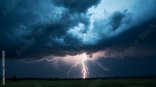 A dramatic storm scene with dark clouds illuminated by bright lightning strikes over an open landscape.