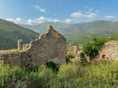 Ruins of an ancient stone building in Himare Castle, Vlore, Albania. Meadow of wildflowers blooming with scenic view of Ceraunian mountain range. Partially collapsed walls of historical site. Discover photo