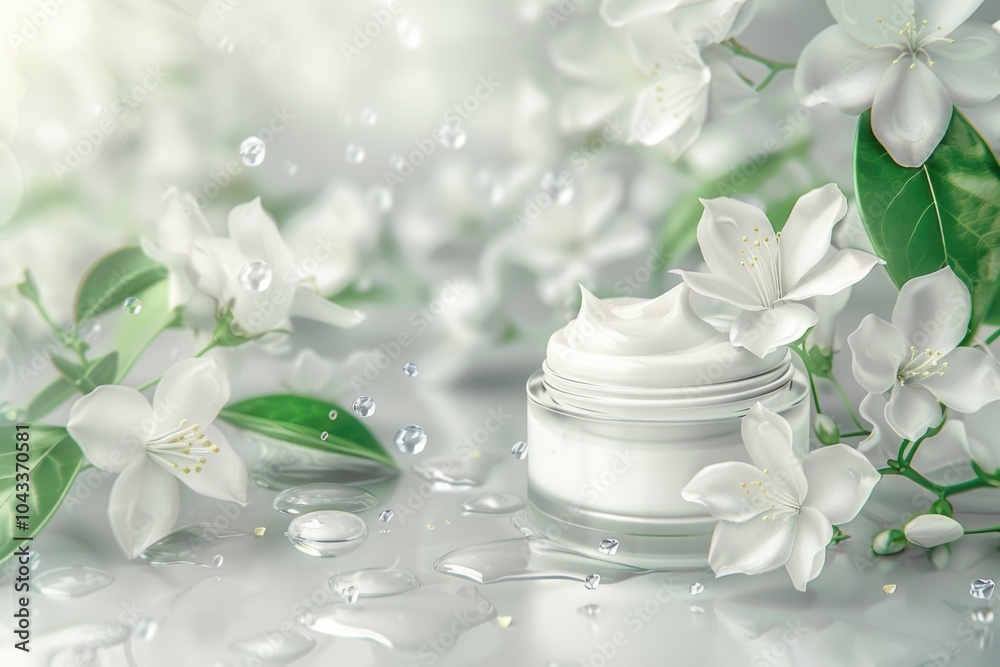 Jar of cream surrounded by white flowers on a table or desk Jar of cream surrounded by white flowers on a table or desk