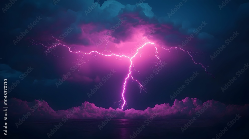 A stunning display of pink lightning illuminates dark storm clouds, creating a dramatic and electrifying scene over the horizon.