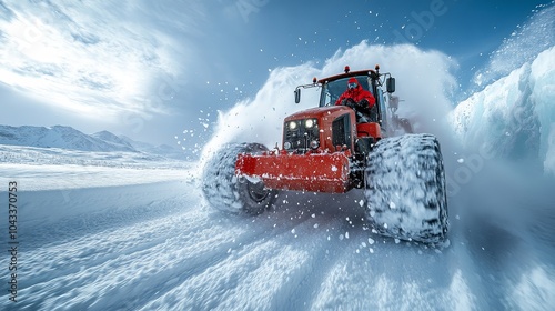 As snowstorms sweep over snowy roads, snowplows demonstrate their powerful equipment. photo