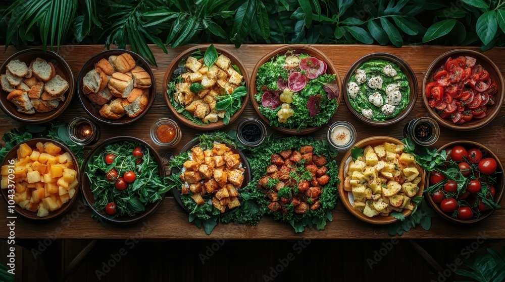 A vibrant feast exploring an array of delicious dishes surrounded by lush greenery A vibrant feast exploring an array of delicious dishes surrounded by lush greenery