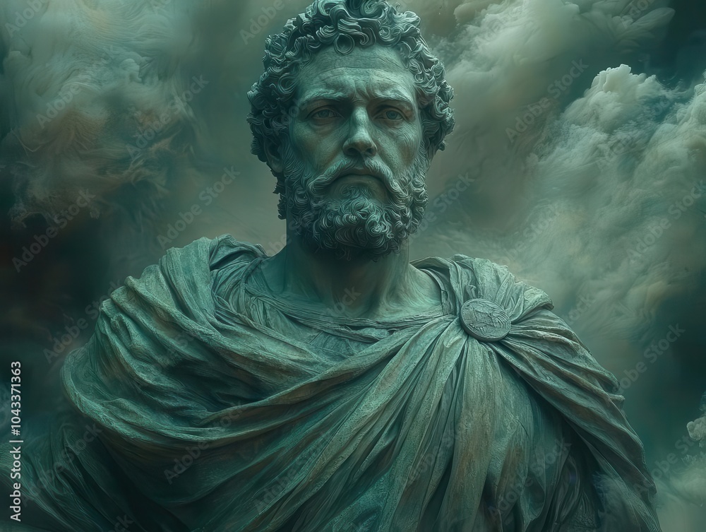 Obraz premium historic statue of marcus aurelius reimagined as a superhero, surrounded by a chaotic, dark green aura that emphasizes strength and resilience in a unique artistic interpretation